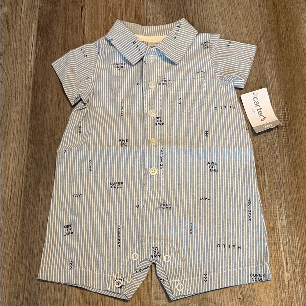 Carter's Light Blue & White Striped Collared Baby Romper